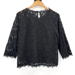 Talbots Black Lace Eyelash 3/4 Sleeve Relaxed Evening Scoop Neck 16P Blouse NEW